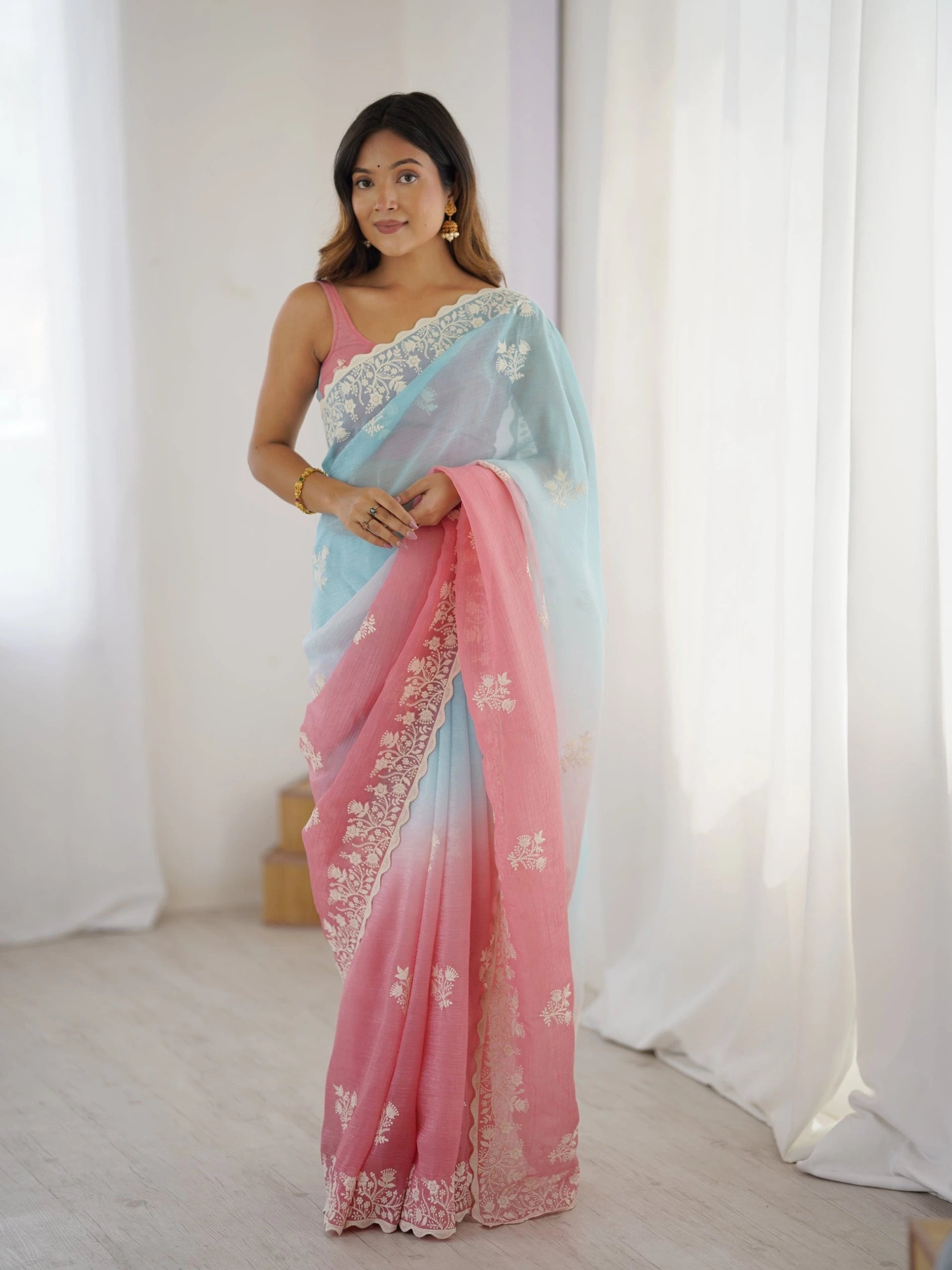 Sky Blue Pink Thread Embroidered Cotton Saree Kalyanja Fashion